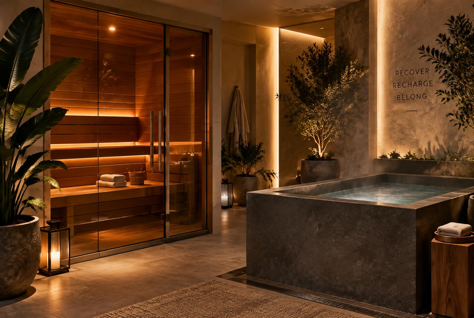 Cedar sauna beside a stone cold plunge