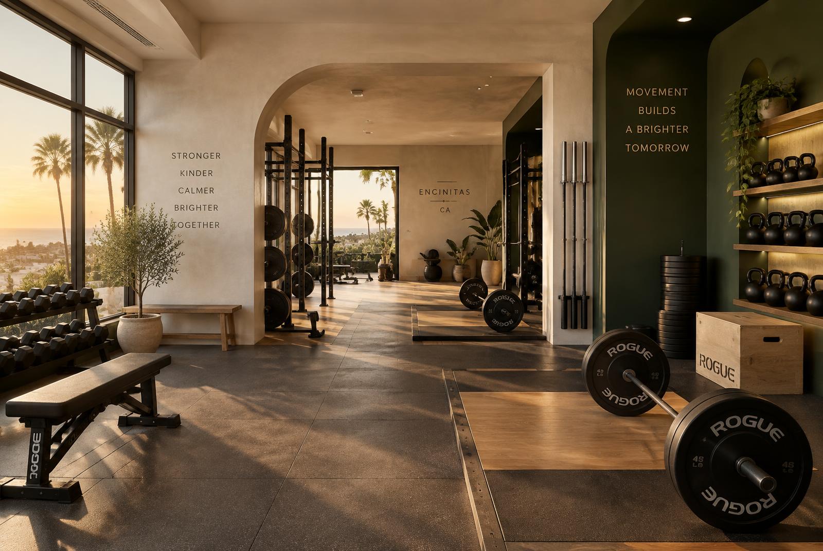 EverFit training floor with barbells and ocean light